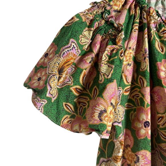 MISA Suparna Green Floral Print Cap Sleeve Tie Neck Peasant Blouse Size Large - Picture 7 of 14